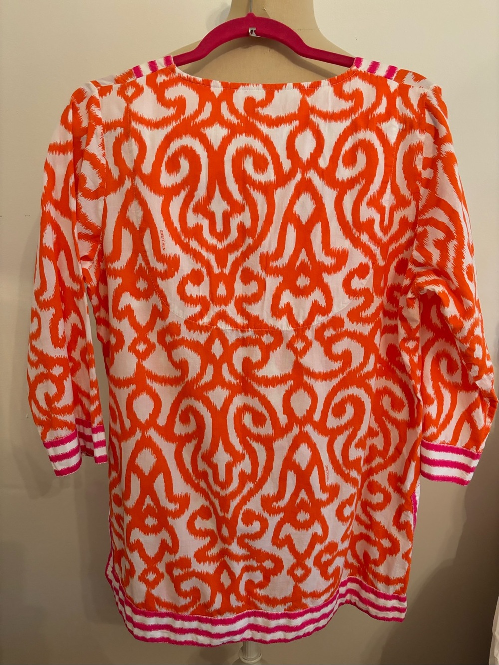 Gretchen Scott Designs 100% Cotton Pink & Orange Ikat V-Neck Tunic Medium - Picture 2 of 6